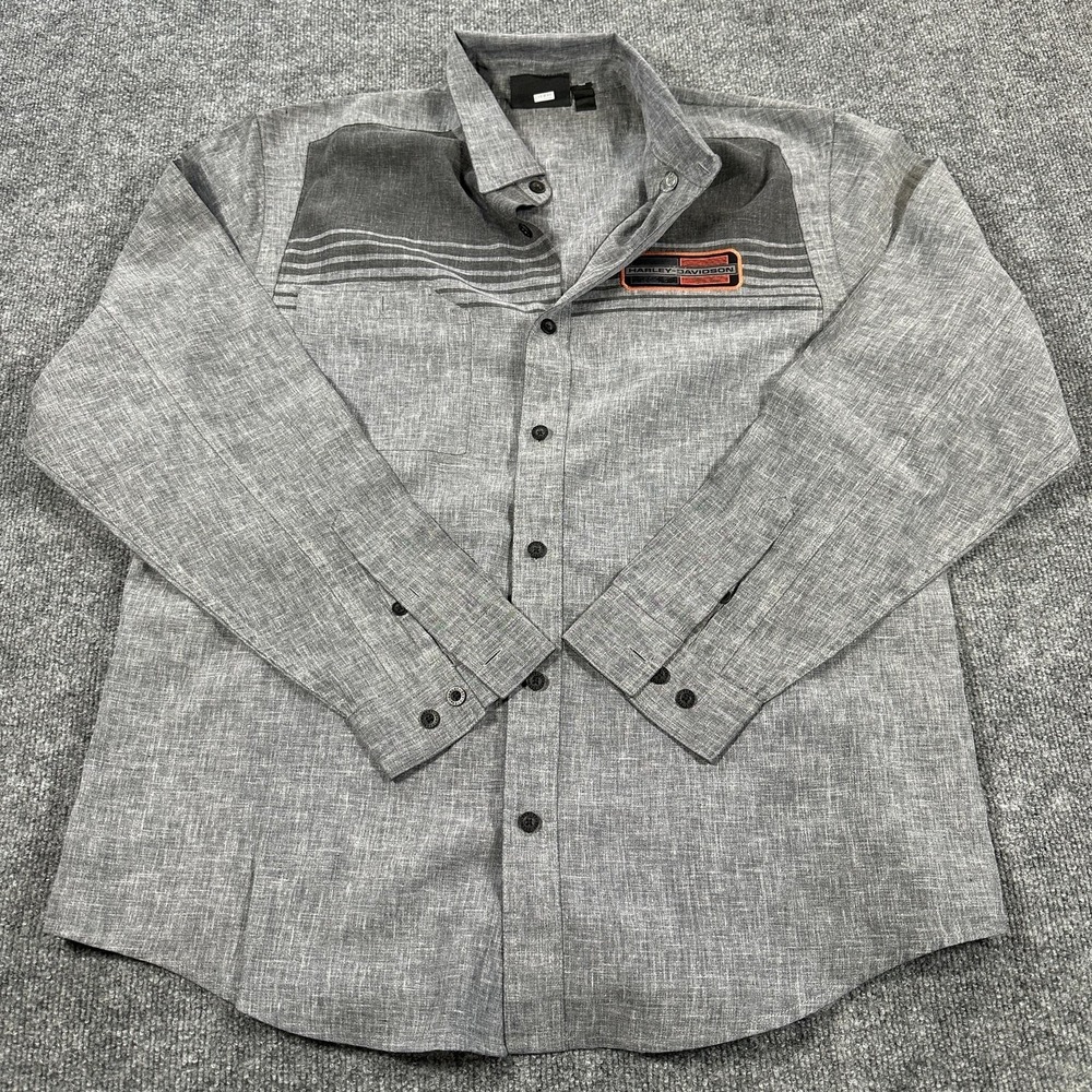 Harley-Davidson Shirt Mens XL Gray Striped Long Sleeve Button Up Motorcycle